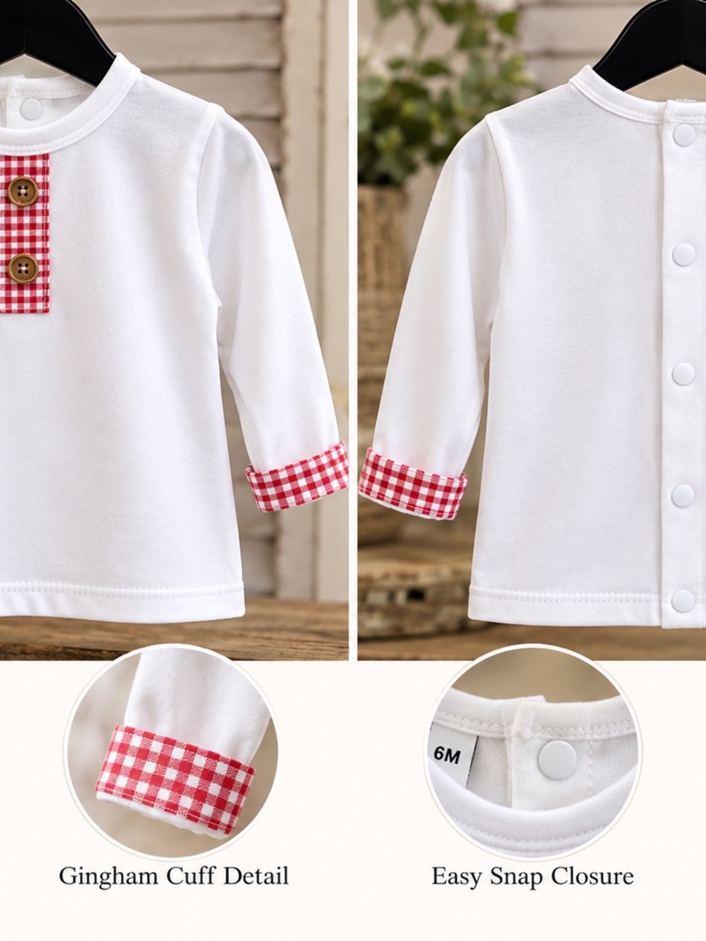 Babidu White Long-Sleeve Baby Top with Red Gingham Trim